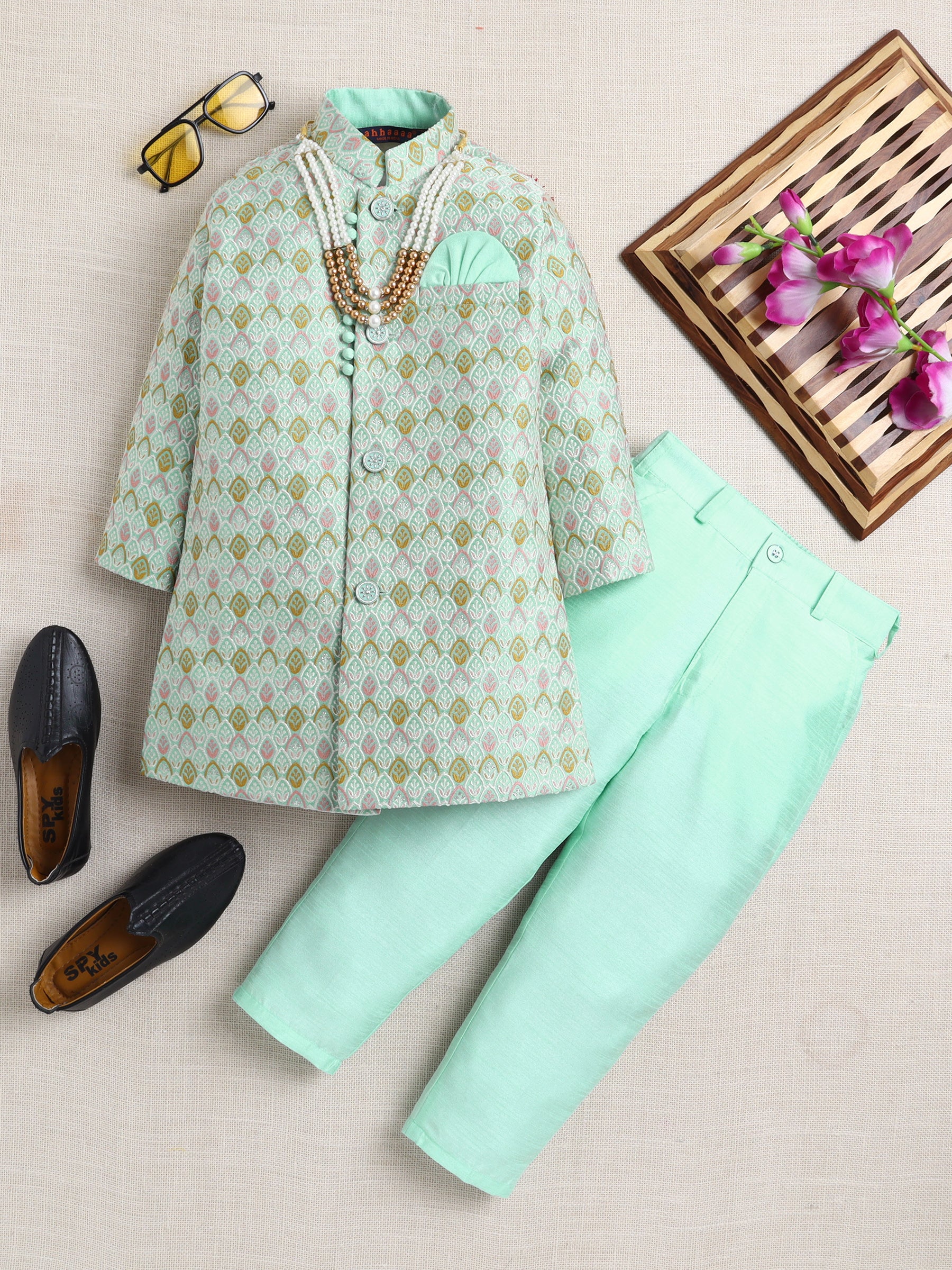 Ahhaaaa Boy's 2-Piece Ethnic Sherwani Set | Cream & Pink/Green Printed Indo-Western Suit with Pyjama | Traditional Kids Wear Turquoise Blue