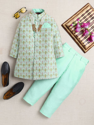 Ahhaaaa Boy's 2-Piece Ethnic Sherwani Set | Cream & Pink/Green Printed Indo-Western Suit with Pyjama | Traditional Kids Wear Turquoise Blue