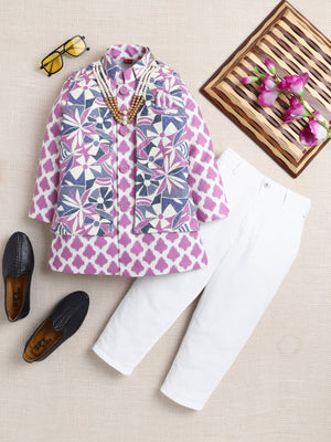 Ahhaaaa Boy's Festive/Wedding Kurta Jacket Set | Blue & White Printed Nehru Jacket w/Kurta & Pyjama | Ethnic Kids Wear | Traditional Indian Outfit Lavender