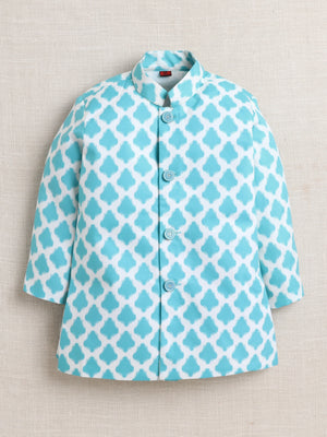 Ahhaaaa Boy's Festive/Wedding Kurta Jacket Set | Blue & White Printed Nehru Jacket w/Kurta & Pyjama | Ethnic Kids Wear | Traditional Indian Outfit