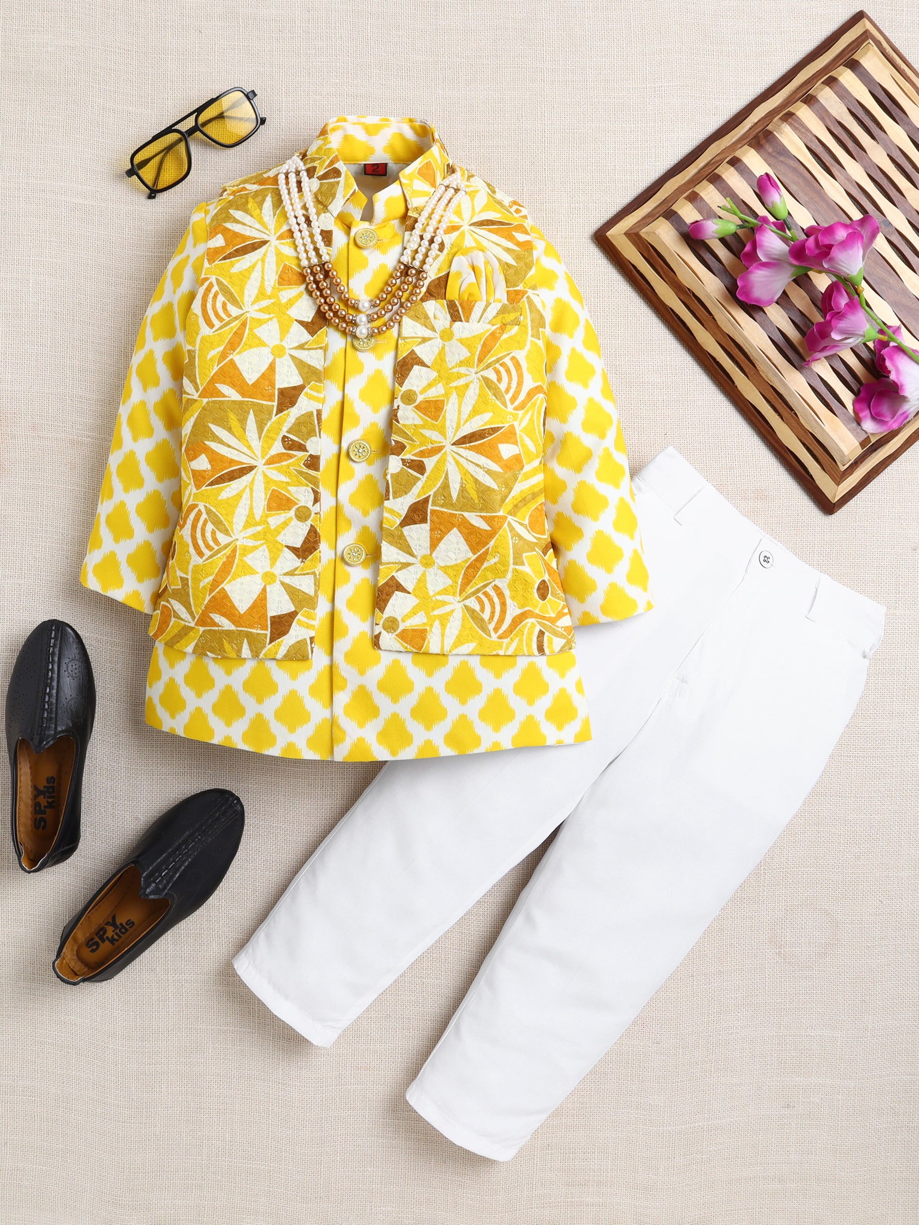 Ahhaaaa Boy's Festive/Wedding Kurta Jacket Set | Blue & White Printed Nehru Jacket w/Kurta & Pyjama | Ethnic Kids Wear | Traditional Indian Outfit Mustard