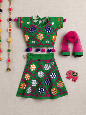 Ahhaaaa "Vibrant Vibes" Ghagra Choli for Little Girls | Kids' Embroidered Ghagra Choli Set with Dupatta Green