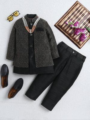 Ahhaaaa Boys Woven Brocade Jacket Style Indo Western Sherwani Set Kurta Pyjama Suit for Kids Black