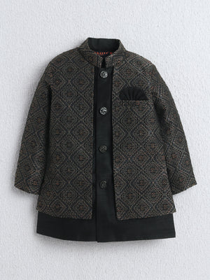Ahhaaaa Boys Woven Brocade Jacket Style Indo Western Sherwani Set Kurta Pyjama Suit for Kids