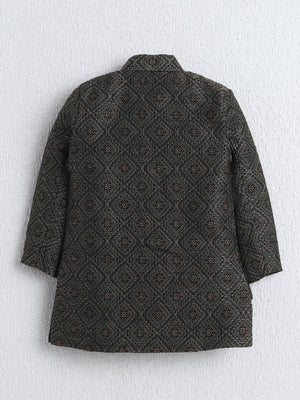 Ahhaaaa Boys Woven Brocade Jacket Style Indo Western Sherwani Set Kurta Pyjama Suit for Kids