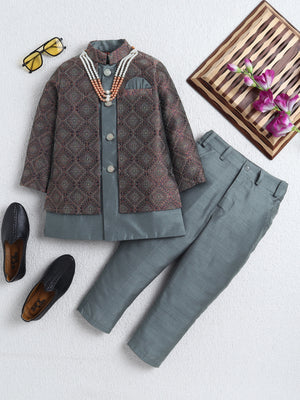 Ahhaaaa Boys Woven Brocade Jacket Style Indo Western Sherwani Set Kurta Pyjama Suit for Kids Grey
