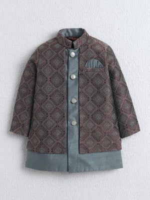 Ahhaaaa Boys Woven Brocade Jacket Style Indo Western Sherwani Set Kurta Pyjama Suit for Kids