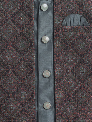 Ahhaaaa Boys Woven Brocade Jacket Style Indo Western Sherwani Set Kurta Pyjama Suit for Kids