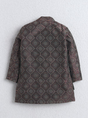 Ahhaaaa Boys Woven Brocade Jacket Style Indo Western Sherwani Set Kurta Pyjama Suit for Kids