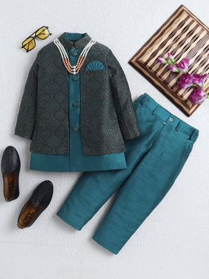 Ahhaaaa Boys Woven Brocade Jacket Style Indo Western Sherwani Set Kurta Pyjama Suit for Kids Blue