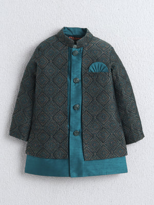 Ahhaaaa Boys Woven Brocade Jacket Style Indo Western Sherwani Set Kurta Pyjama Suit for Kids