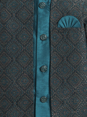 Ahhaaaa Boys Woven Brocade Jacket Style Indo Western Sherwani Set Kurta Pyjama Suit for Kids