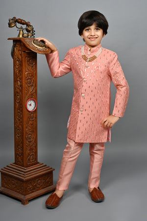 Ahhaaaa Kids Ethnic Silk Blend traditional Wear Sequin Print Indo-Western Sherwani Set For Boys Pink