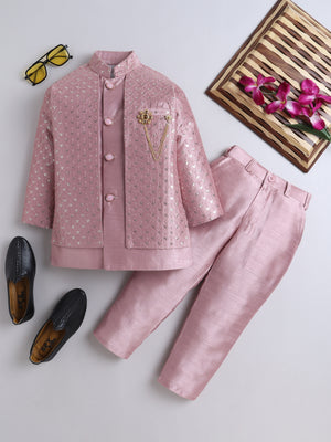 Ahhaaaa Boy's Ethnic Cotton Silk Blend Nehru Modi Jacket Kurta & Pyjama Set for Boys|Sequin Embellished Ethnic Set|Ideal for any Festivals/Weddings Occasion Pink