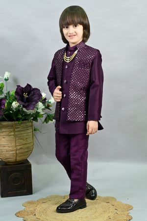 Ahhaaaa Boy's Silk 3-Piece Indo-Western Set|Kids Sequin Embroidery Work Sherwani Set