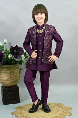 Ahhaaaa Boy's Silk 3-Piece Indo-Western Set|Kids Sequin Embroidery Work Sherwani Set