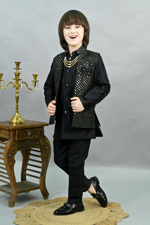 Ahhaaaa Boy's Silk 3-Piece Indo-Western Set|Kids Sequin Embroidery Work Sherwani Set