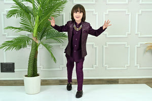 Ahhaaaa Boy's Silk 3-Piece Indo-Western Set|Kids Sequin Embroidery Work Sherwani Set