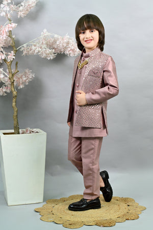 Ahhaaaa Boy's Silk 3-Piece Indo-Western Set|Kids Sequin Embroidery Work Sherwani Set