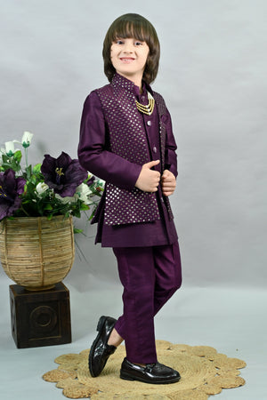 Ahhaaaa Boy's Silk 3-Piece Indo-Western Set|Kids Sequin Embroidery Work Sherwani Set