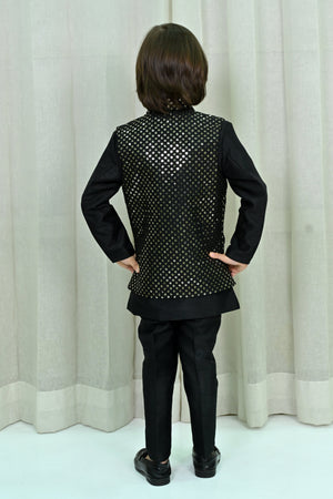 Ahhaaaa Boy's Silk 3-Piece Indo-Western Set|Kids Sequin Embroidery Work Sherwani Set