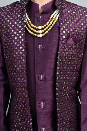 Ahhaaaa Boy's Silk 3-Piece Indo-Western Set|Kids Sequin Embroidery Work Sherwani Set