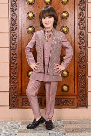Ahhaaaa Boy's Silk 3-Piece Indo-Western Set|Kids Sequin Embroidery Work Sherwani Set Pink