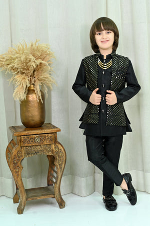 Ahhaaaa Boy's Silk 3-Piece Indo-Western Set|Kids Sequin Embroidery Work Sherwani Set Black