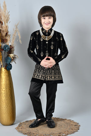 Ahhaaaa Boy's Velvet 2-Piece Indo-Western Set|Kids Embroidery Work Velvet Sherwani Set Cream