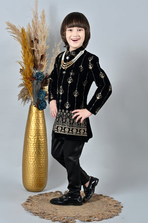 Ahhaaaa Boy's Velvet 2-Piece Indo-Western Set|Kids Embroidery Work Velvet Sherwani Set