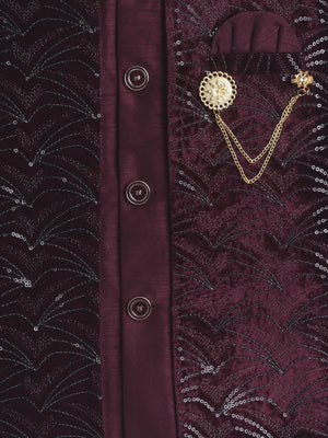 Ahhaaaa Boy's Velvet 2-Piece Indo-Western Set|Kids Sequin Embellished Work, Velvet Sherwani Set