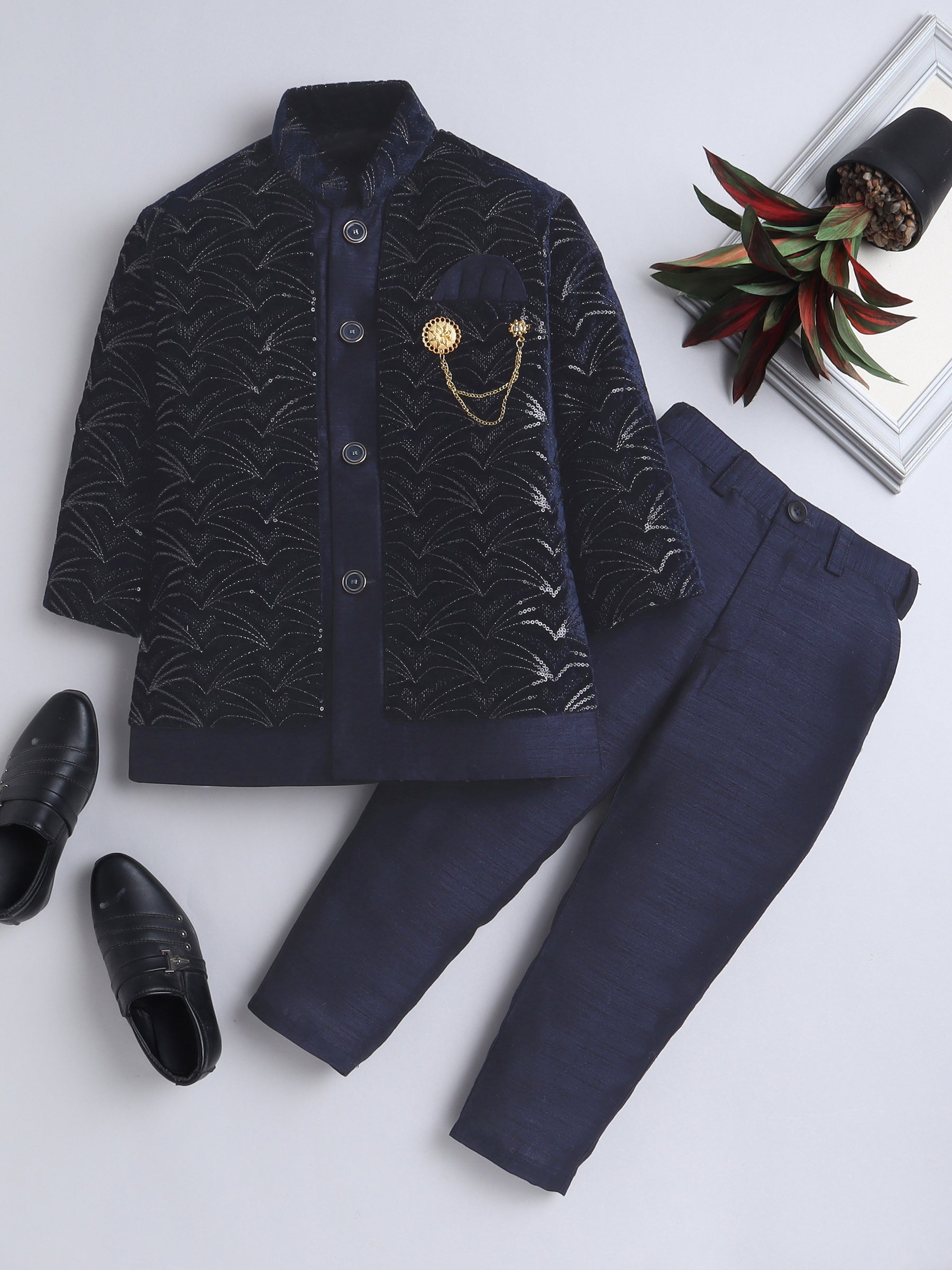 Ahhaaaa Boy's Velvet 2-Piece Indo-Western Set|Kids Sequin Embellished Work, Velvet Sherwani Set Navy