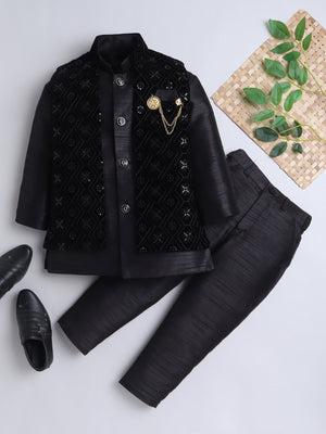 Ahhaaaa Boy's Velvet 3-Piece Indo-Western Set|Kids Sequin Embellished Work, Velvet Sherwani Set Cream