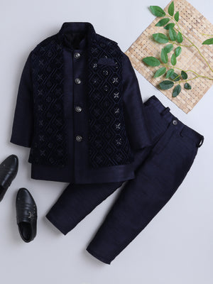 Ahhaaaa Boy's Velvet 3-Piece Indo-Western Set|Kids Sequin Embellished Work, Velvet Sherwani Set Navy