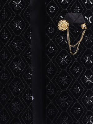 Ahhaaaa Boy's Velvet 3-Piece Indo-Western Set|Kids Sequin Embellished Work, Velvet Sherwani Set