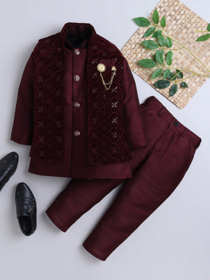 Ahhaaaa Boy's Velvet 3-Piece Indo-Western Set|Kids Sequin Embellished Work, Velvet Sherwani Set Wine