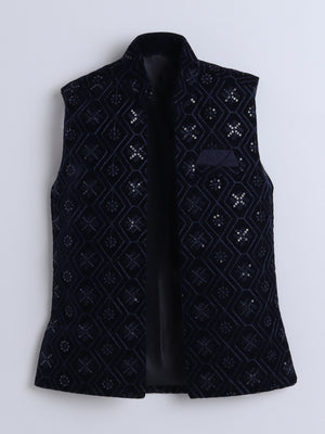 Ahhaaaa Boy's Velvet 3-Piece Indo-Western Set|Kids Sequin Embellished Work, Velvet Sherwani Set