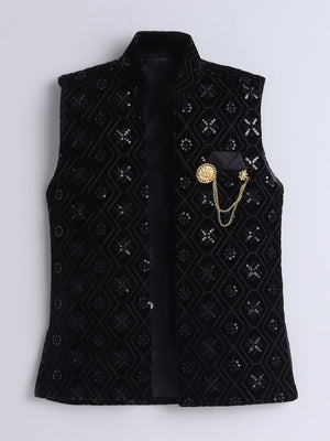 Ahhaaaa Boy's Velvet 3-Piece Indo-Western Set|Kids Sequin Embellished Work, Velvet Sherwani Set