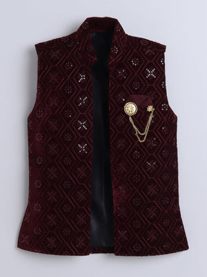 Ahhaaaa Boy's Velvet 3-Piece Indo-Western Set|Kids Sequin Embellished Work, Velvet Sherwani Set