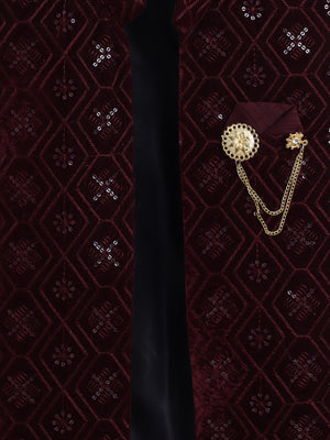 Ahhaaaa Boy's Velvet 3-Piece Indo-Western Set|Kids Sequin Embellished Work, Velvet Sherwani Set