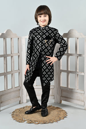 Ahhaaaa Boy's Velvet Work 2-Piece Indo-Western Set|Kids Embroidered Velvet Sherwani Set for Boy|Zipper Closer|| Cream