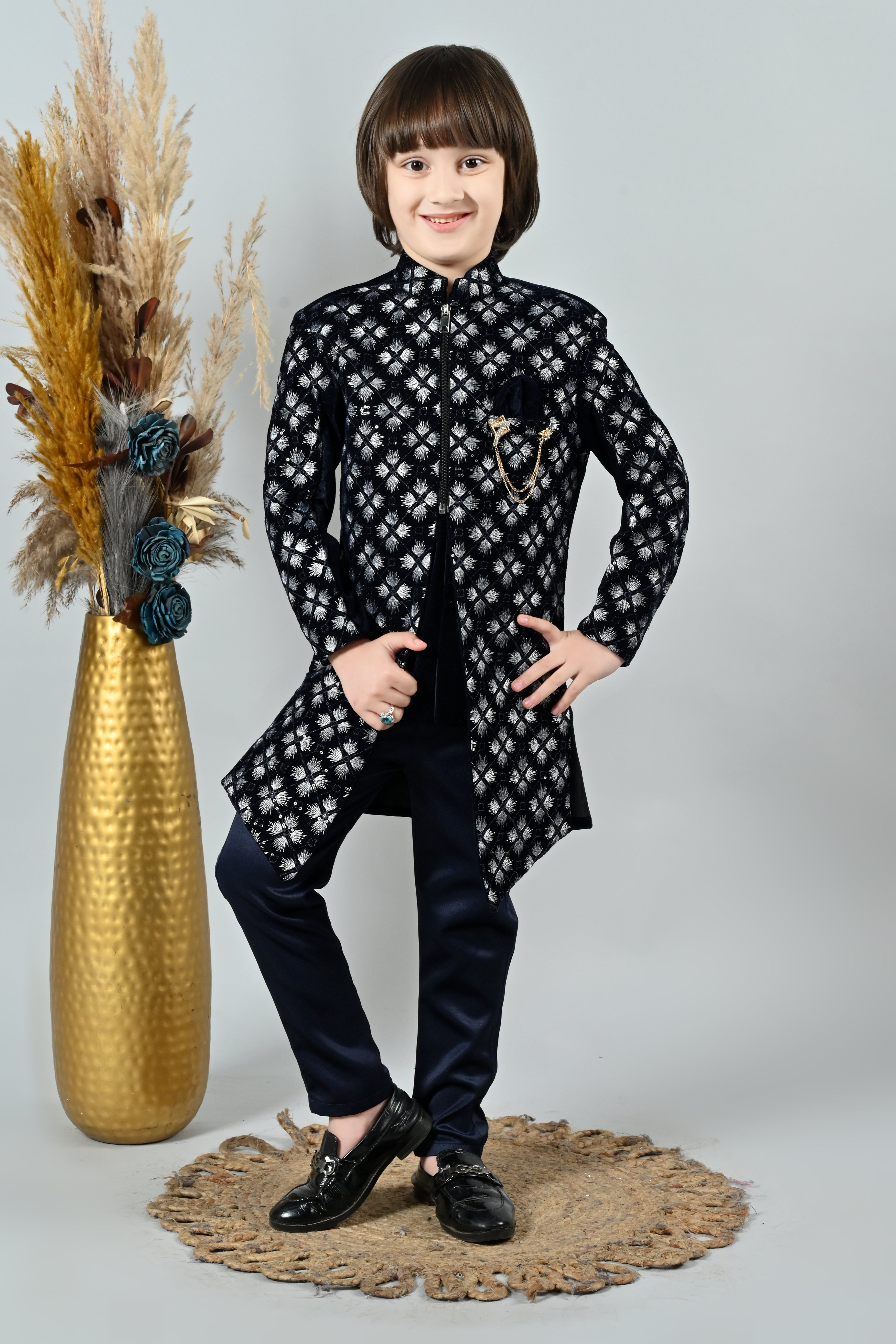 Ahhaaaa Boy's Velvet Work 2-Piece Indo-Western Set|Kids Embroidered Velvet Sherwani Set for Boy|Zipper Closer||