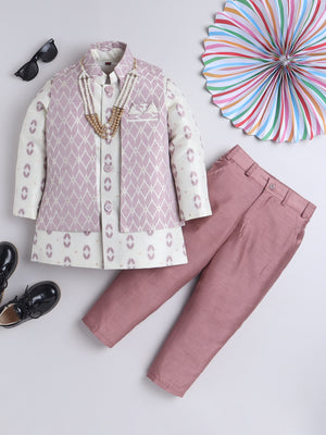 Ahhaaaa Boys' Silk 3-Piece Kurta Set with Printed Kurta, Waistcoat & Solid Pajama Pants for Weddings & Celebrations Pink