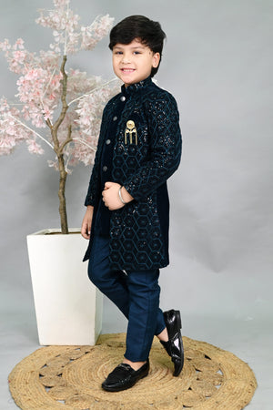 AHHAAAA Boys Velvet Embroidered 2-Piece Sherwani Set with Solid Pajama Pants – Elegant Traditional Outfit for Kids|573|