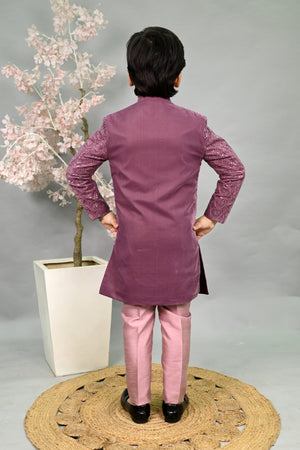 AHHAAAA Boys Velvet Embroidered 2-Piece Sherwani Set with Solid Pajama Pants – Elegant Traditional Outfit for Kids|573|