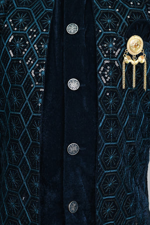 AHHAAAA Boys Velvet Embroidered 2-Piece Sherwani Set with Solid Pajama Pants – Elegant Traditional Outfit for Kids|573|