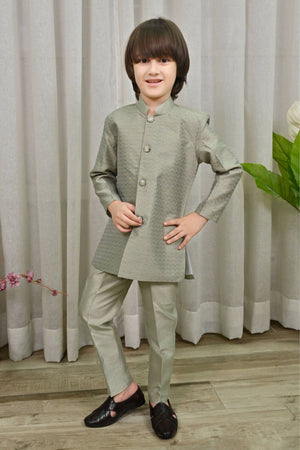 Ahhaaaa Ethnic Zari Work Indo-Western Printed Kurta, Waistcoat and Pajama 3-Piece Set for Boys