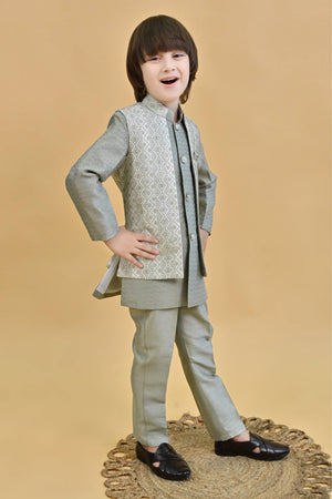 Ahhaaaa Ethnic Zari Work Indo-Western Printed Kurta, Waistcoat and Pajama 3-Piece Set for Boys