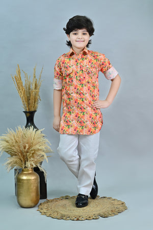 Ahhaaaa Floral Boys' Pathani Kurta Pajama Set - Eid & Ramadan Festive Wear for Kids Orange