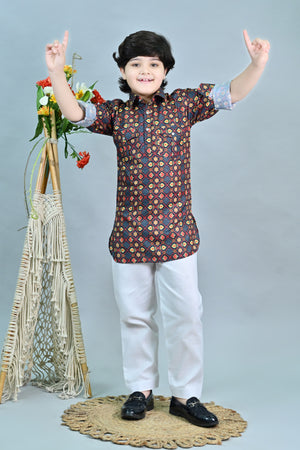 Ahhaaaa Floral Boys' Pathani Kurta Pajama Set - Eid & Ramadan Festive Wear for Kids Red